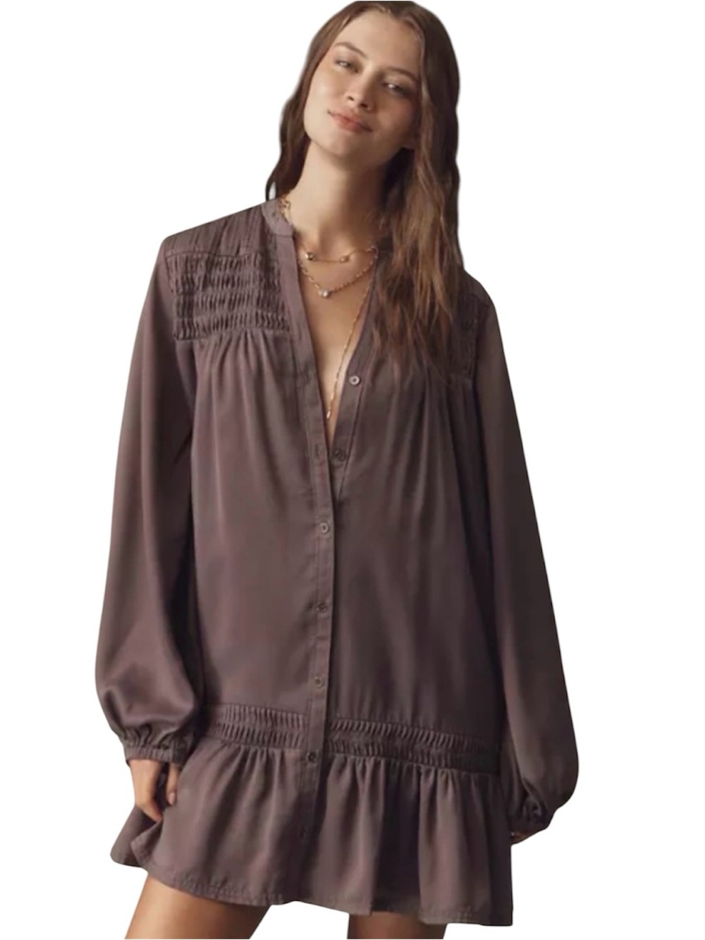 NWT Pilcro Purple Smocked Button Front Tiered Long Sleeve Mini Dress Large